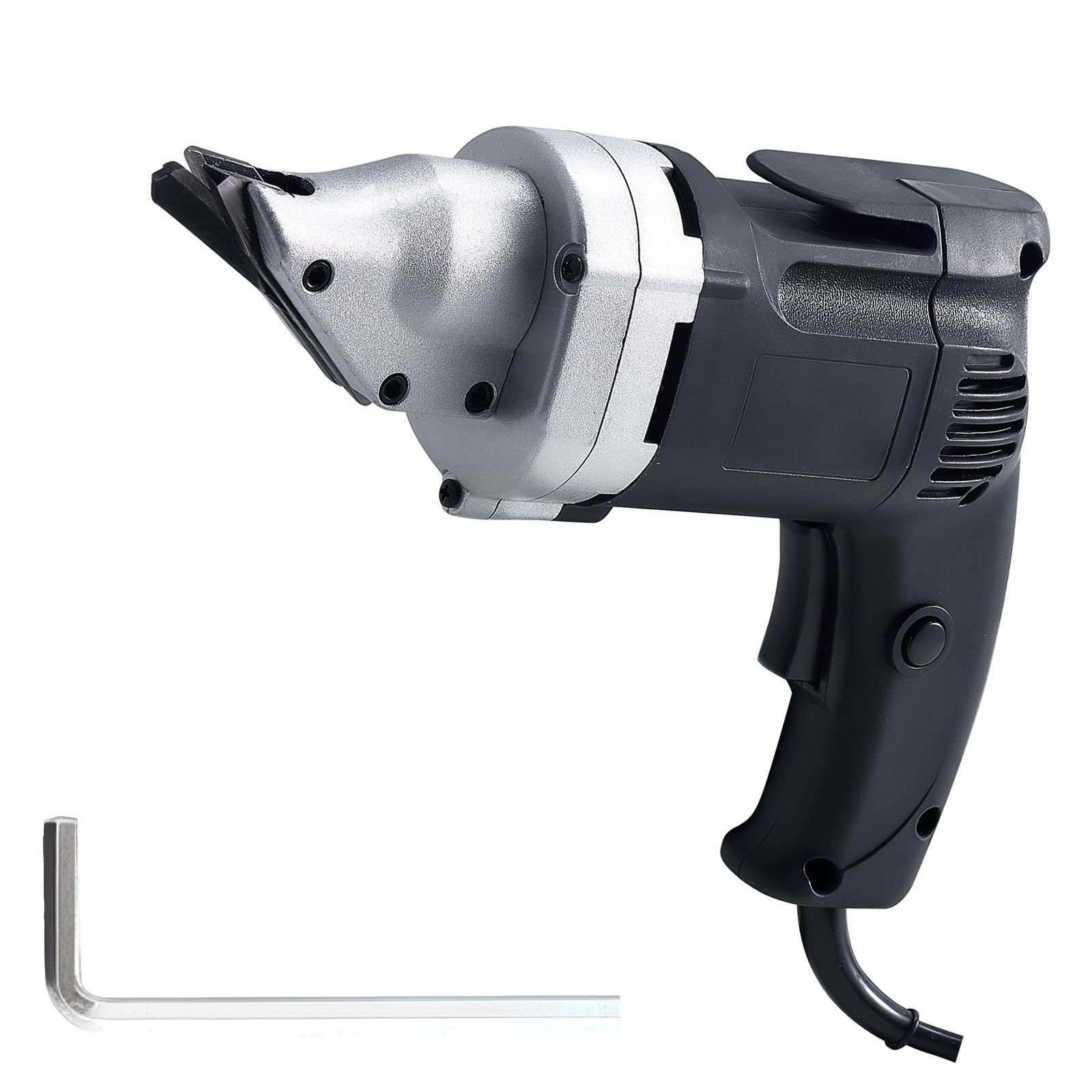 electric metal shear, 4.0 amp corded sheet metal cutter with 360 degree swivel head, variable speed, continuous cutting, clean cut for 18ga galvanized steel, 20 ga stainless steel, 2500 spm
