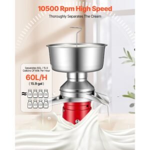 electric milk cream separator, 60l/h output 10500rpm milk cream centrifugal separator, 304 stainless steel goat cow milk skimmer separating machine with 4.5l bowl capacity (40w, 100 240v)