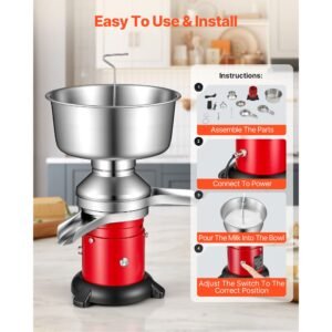 electric milk cream separator, 60l/h output 10500rpm milk cream centrifugal separator, 304 stainless steel goat cow milk skimmer separating machine with 4.5l bowl capacity (40w, 100 240v)
