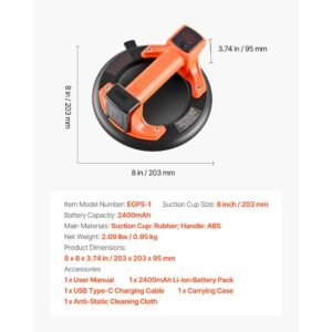 electric suction cup, 8 inch vacuum glass lifter with digital display for suction power & battery level, 440 lbs max lifting capacity tile suction cup tool for lifting tile, granite (1 pack)