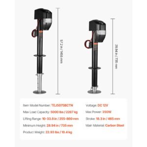electric trailer jack, 5000 lbs, heavy duty rv electric power tongue jack with 2 way connector, remote control, crank handle & weatherproof jack cover, 10" 28.3" lift, for trailers & campers