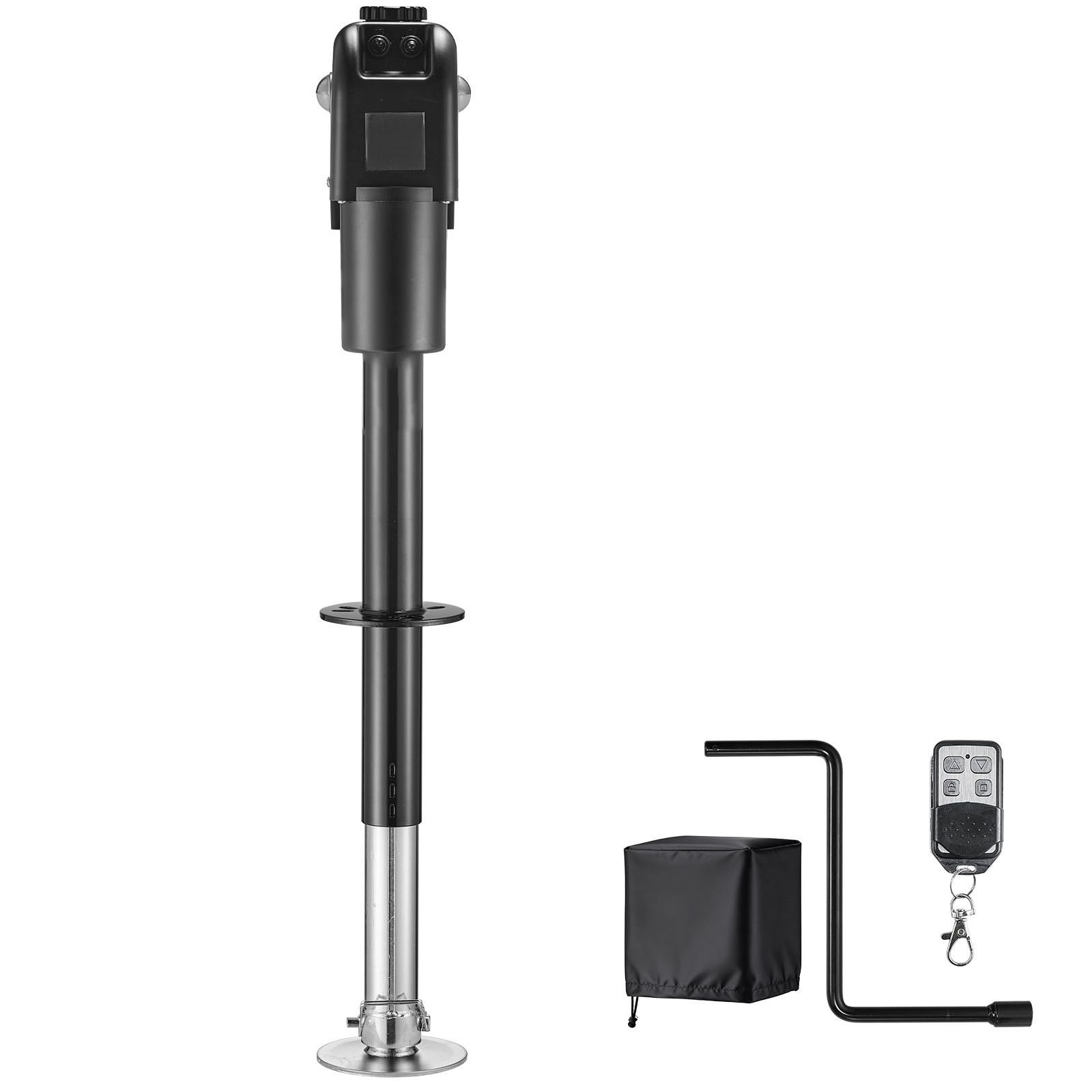 electric trailer jack, 7500 lbs capacity, electric power tongue jack with waterproof protective cover & led light for travel trailer, camper, rv, 9.84 27.84 in lift, 12v dc with wiring, black
