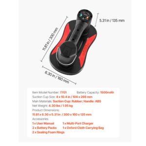 electric vacuum suction cup, 375 lbs max lifting capacity, vacuum glass lifter with digital display, heavy duty tile suction cup tool for lifting tile, granite, wood, paver, drywall, windows