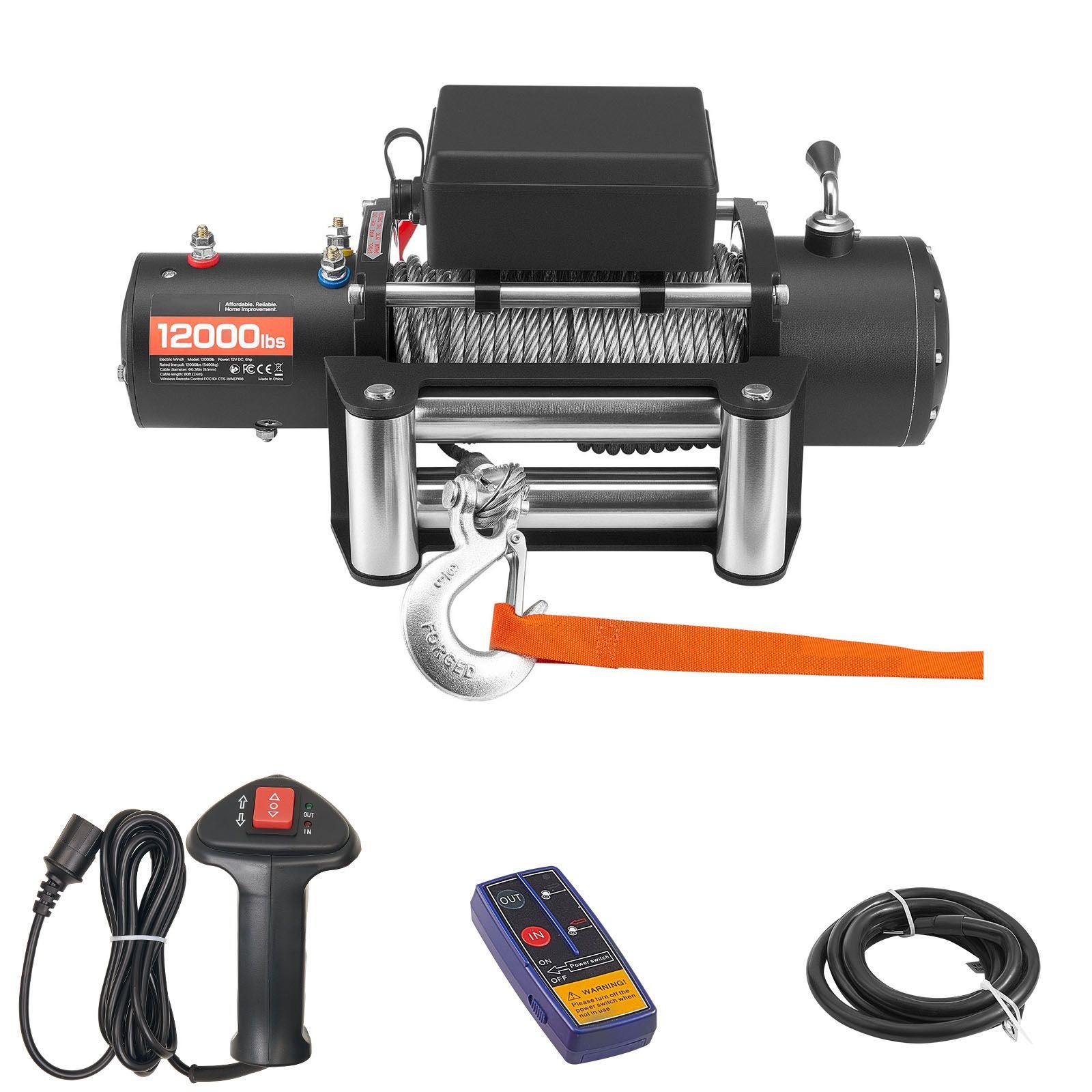 electric winch, 12000 lbs load capacity, 12v dc truck winch with Φ0.36 in x 80 ft steel rope, wireless & wired remote control, ip55 waterproof for towing suv jeep trailer boat off road vehicle