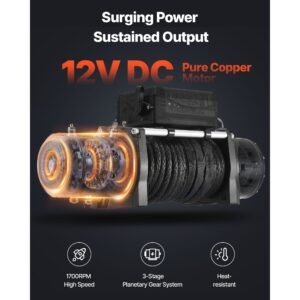 electric winch, 13500 lbs load capacity, 12v dc truck winch with Φ3/8 in x 85 ft synthetic rope, wireless & wired remote control, ip55 waterproof for towing off road suv jeep trailer boat