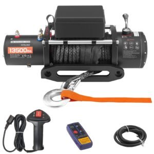 Electric Winch, 13500 lbs Load Capacity, 12V DC Truck Winch with Φ3/8 in x 85 ft Synthetic Rope, Wireless & Wired Remote Control, IP55 Waterproof for Towing Off-Road SUV Jeep Trailer Boat