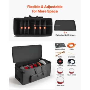 electronic drum kit bag, 600d, padded drum bag with wheels, large 36.2 x 16.5 x 16.1 in interior, lightweight travel case with detachable dividers, multiple pockets, for electric drums, black
