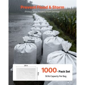 empty sandbags, 1000 packs 16 x 26 in, heavy duty sand bags sacks with ties, 50lb capacity woven polypropylene sandbags, tear resistant & uv resistant sand bags for flood protection barrier