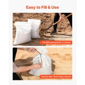 empty sandbags, 1000 packs 16 x 26 in, heavy duty sand bags sacks with ties, 50lb capacity woven polypropylene sandbags, tear resistant & uv resistant sand bags for flood protection barrier