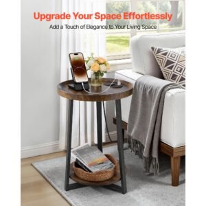 end table, 2 tier round side table with open storage shelves, modern nightstand bedside desk with usb & ac charging port, wood sofa coffee desk for living room, bedroom, office, dorm, brown
