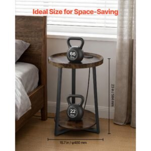 end table, 2 tier round side table with open storage shelves, modern nightstand bedside desk with usb & ac charging port, wood sofa coffee desk for living room, bedroom, office, dorm, brown