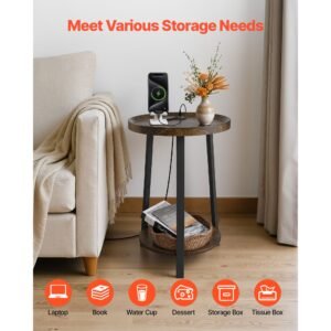 end table, 2 tier round side table with open storage shelves, modern nightstand bedside desk with usb & ac charging port, wood sofa coffee desk for living room, bedroom, office, dorm, brown