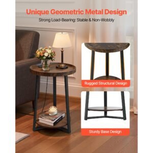 end table, 2 tier round side table with open storage shelves, modern nightstand bedside desk with usb & ac charging port, wood sofa coffee desk for living room, bedroom, office, dorm, brown