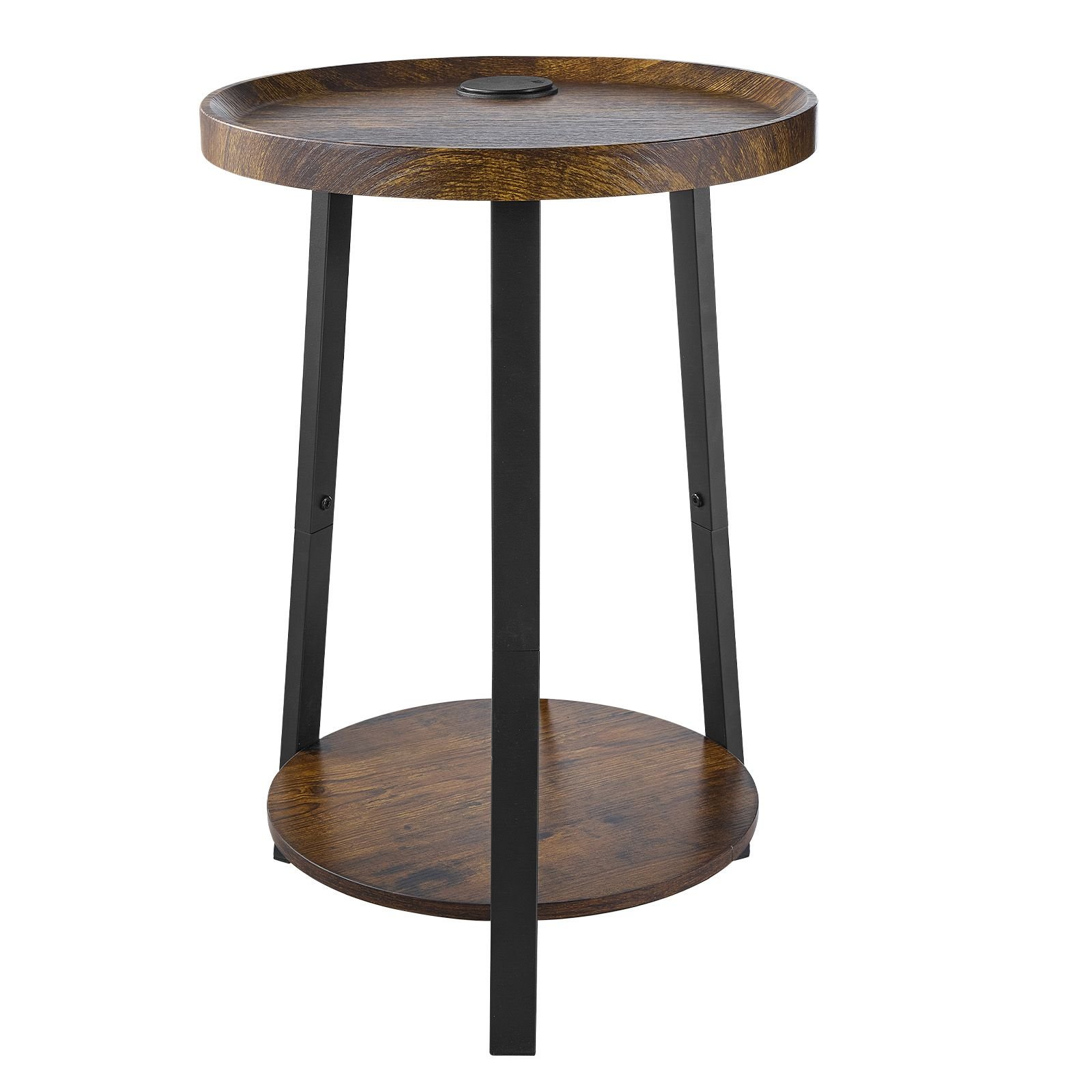 end table, 2 tier round side table with open storage shelves, modern nightstand bedside desk with usb & ac charging port, wood sofa coffee desk for living room, bedroom, office, dorm, brown