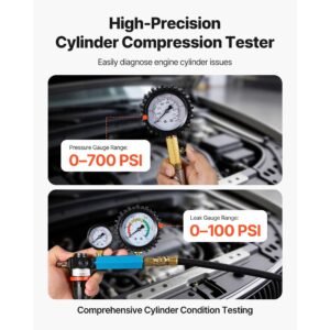 engine cylinder compression tester kit, 0 700 psi pressure gauge & 0 100 psi leak gauge, automotive leak down tester kit with 4 adapters, pressure check & leakage rate test on cars, motorcycles