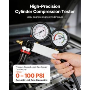 engine cylinder compression tester kit, pressure gauge range of 0 100 psi, automotive leak down tester kit with 4 adapters, 2 metal tubes, pressure check & leakage rate test on cars, motorcycles