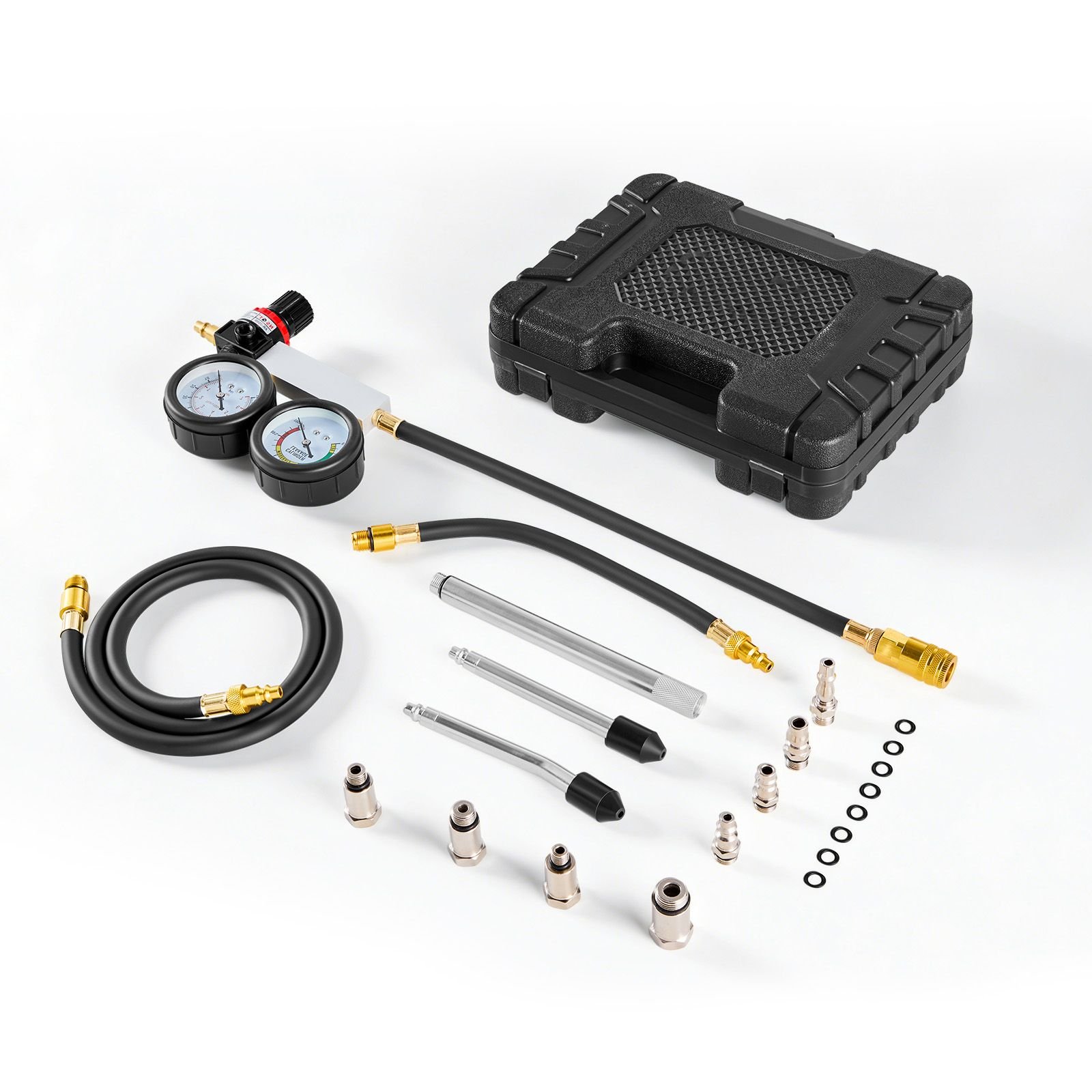 engine cylinder compression tester kit, pressure gauge range of 0 100 psi, automotive leak down tester kit with 4 adapters, 2 metal tubes, pressure check & leakage rate test on cars, motorcycles