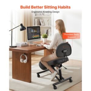 ergonomic kneeling chair with backrest & wheels, mobile x shaped posture knee chair with adjustable height & thick foam cushions, relief for neck or back pain for home, office, meditation, black