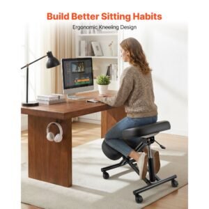 ergonomic kneeling chair with wheels, mobile x shaped posture knee chair with adjustable height & thick foam cushions, natural relief for neck or back pain for home, office or meditation, black