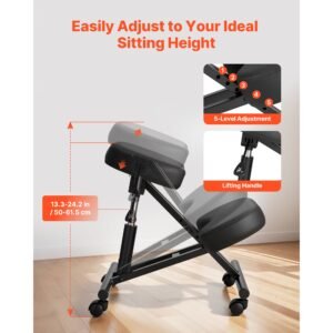ergonomic kneeling chair with wheels, mobile x shaped posture knee chair with adjustable height & thick foam cushions, natural relief for neck or back pain for home, office or meditation, black