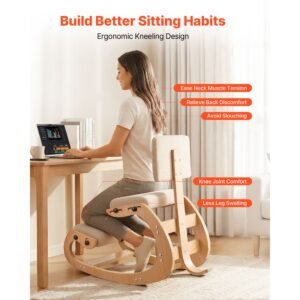 ergonomic kneeling chair, wooden posture knee chair with adjustable thick foam cushions, backrest and wood frame, adjustable height, relief for neck or back pain for home, office or meditation