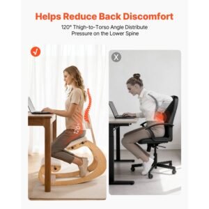 ergonomic kneeling chair, wooden posture knee chair with adjustable thick foam cushions, backrest and wood frame, adjustable height, relief for neck or back pain for home, office or meditation
