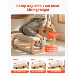 ergonomic kneeling chair, wooden posture knee chair with adjustable thick foam cushions, backrest and wood frame, adjustable height, relief for neck or back pain for home, office or meditation