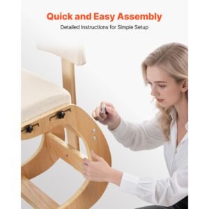 ergonomic kneeling chair, wooden posture knee chair with adjustable thick foam cushions, backrest and wood frame, adjustable height, relief for neck or back pain for home, office or meditation