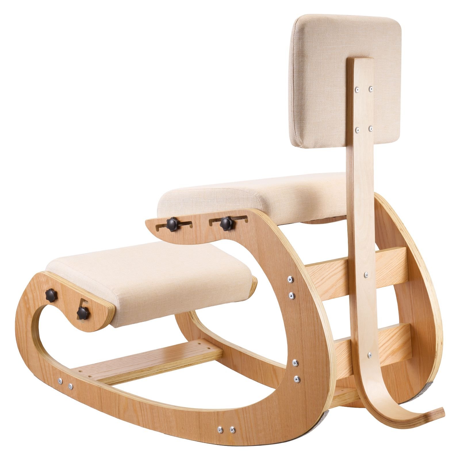 ergonomic kneeling chair, wooden posture knee chair with adjustable thick foam cushions, backrest and wood frame, adjustable height, relief for neck or back pain for home, office or meditation
