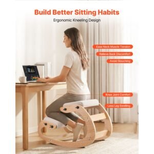 ergonomic kneeling chair, wooden posture knee chair with adjustable thick foam cushions & solid wood frame, adjustable height, relief for neck or back pain for home, office or meditation, beige