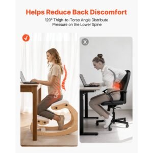 ergonomic kneeling chair, wooden posture knee chair with adjustable thick foam cushions & solid wood frame, adjustable height, relief for neck or back pain for home, office or meditation, beige