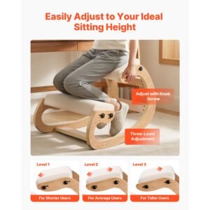 ergonomic kneeling chair, wooden posture knee chair with adjustable thick foam cushions & solid wood frame, adjustable height, relief for neck or back pain for home, office or meditation, beige