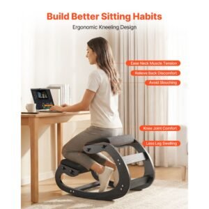 ergonomic kneeling chair, wooden posture knee chair with adjustable thick foam cushions & solid wood frame, adjustable height, relief for neck or back pain for home, office or meditation, black