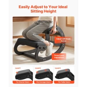 ergonomic kneeling chair, wooden posture knee chair with adjustable thick foam cushions & solid wood frame, adjustable height, relief for neck or back pain for home, office or meditation, black