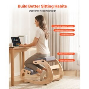 ergonomic kneeling chair, wooden posture knee chair with adjustable thick foam cushions & solid wood frame, adjustable height, relief for neck or back pain for home, office or meditation, gray