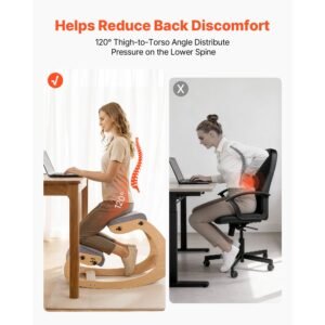 ergonomic kneeling chair, wooden posture knee chair with adjustable thick foam cushions & solid wood frame, adjustable height, relief for neck or back pain for home, office or meditation, gray