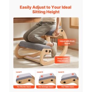 ergonomic kneeling chair, wooden posture knee chair with adjustable thick foam cushions & solid wood frame, adjustable height, relief for neck or back pain for home, office or meditation, gray
