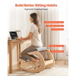 ergonomic kneeling chair, wooden posture knee chair with thick foam cushions and solid wood frame, adjustable height, natural relief for neck or back pain for home, office or meditation, gray