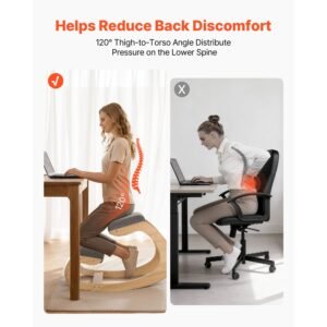 ergonomic kneeling chair, wooden posture knee chair with thick foam cushions and solid wood frame, adjustable height, natural relief for neck or back pain for home, office or meditation, gray