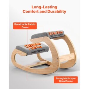 ergonomic kneeling chair, wooden posture knee chair with thick foam cushions and solid wood frame, adjustable height, natural relief for neck or back pain for home, office or meditation, gray