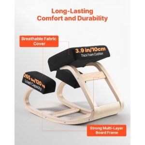 ergonomic kneeling chair, wooden posture knee chair with thick foam cushions and solid wood frame, adjustable height, natural relief for neck or back pain, ideal for home, office or meditation