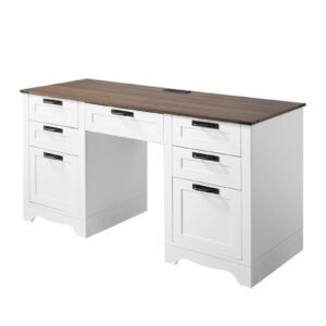 executive desk, farmhouse office table with charging station, heavy duty particle board executive table with storage drawers, 200 lbs load capacity, easy assembly, for work study writing, walnut