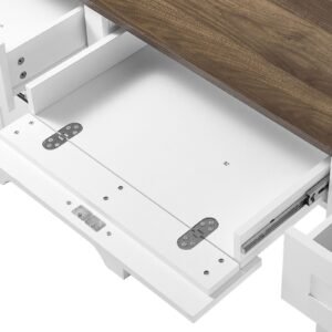 executive desk, farmhouse office table with charging station, heavy duty particle board executive table with storage drawers, 200 lbs load capacity, easy assembly, for work study writing, walnut