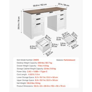 executive desk, farmhouse office table with charging station, heavy duty particle board executive table with storage drawers, 200 lbs load capacity, easy assembly, for work study writing, walnut