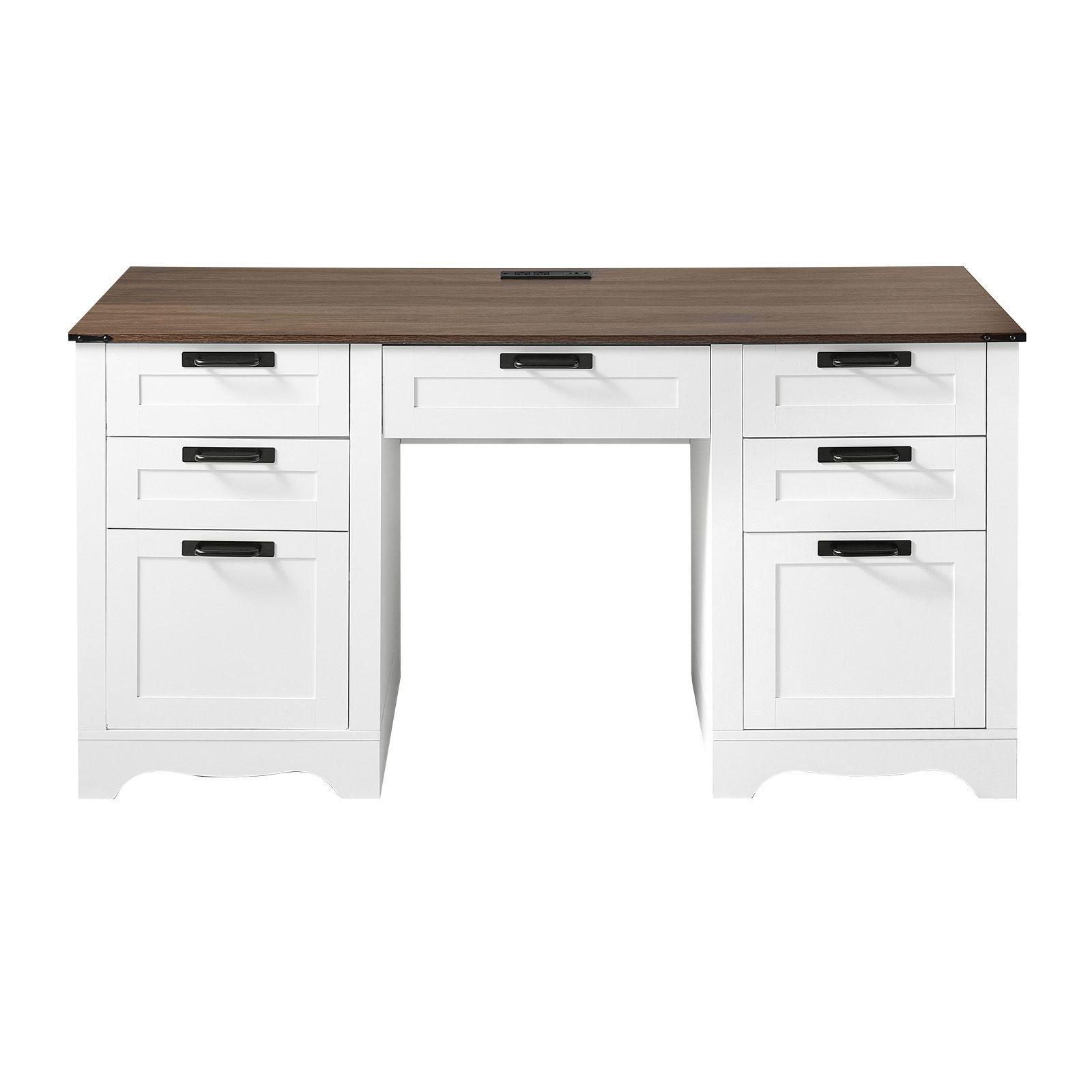 executive desk, farmhouse office table with charging station, heavy duty particle board executive table with storage drawers, 200 lbs load capacity, easy assembly, for work study writing, walnut