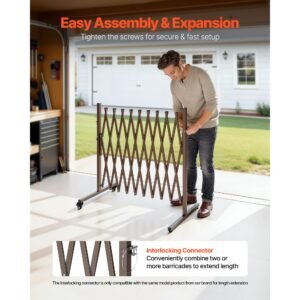 expandable barricade, 10ft expandable safety barrier, flexible mobile barricade with locking casters, portable folding security gate metal traffic fence for patio garden stairway