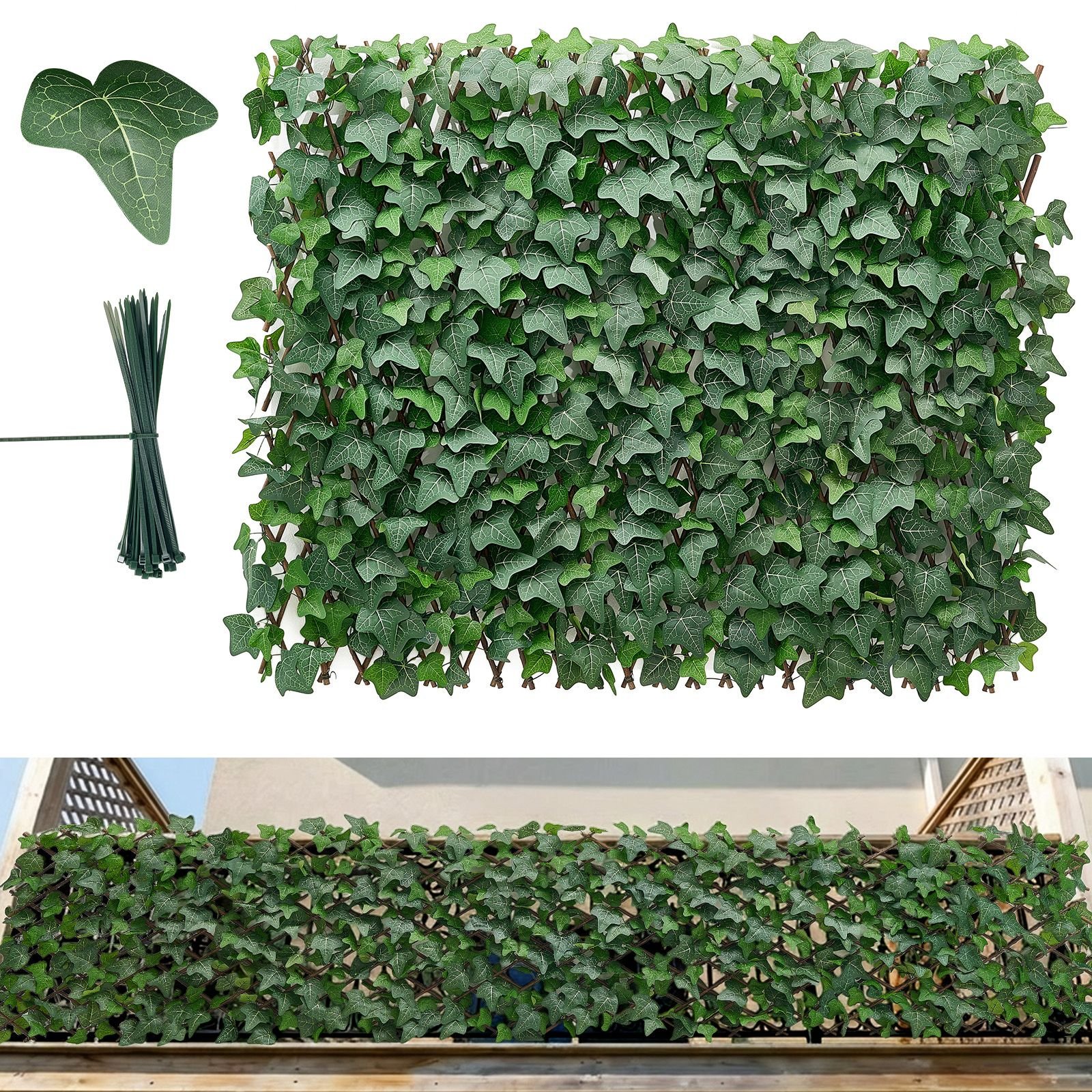 expandable fence privacy screen, 25 x 126 in expand artificial plant wall, realistic artificial ivy panel with 50 zip ties, decorative faux greenery backdrop hedges for balcony patio outdoor
