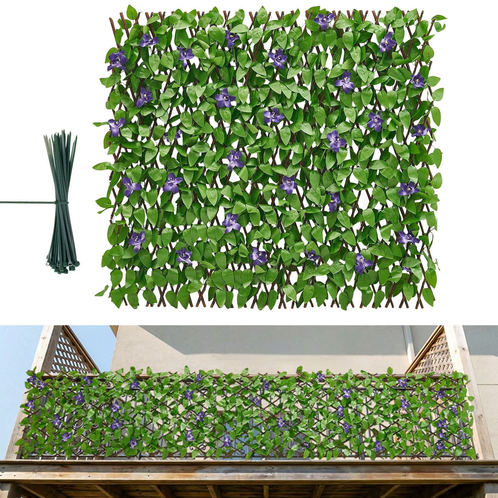 expandable fence privacy screen, 25.5 x 122 in expand artificial plant wall, realistic artificial ivy panel with 50 zip ties, decorative faux greenery backdrop hedges for balcony patio outdoor
