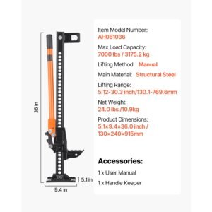 farm jack, 36" utility high lift farm jack, 3.18 ton (7,000 lbs) capacity ratcheting off road utility jacks, heavy duty lift jacks with 5.12" 30.3" lifting range for tractor, truck, suv
