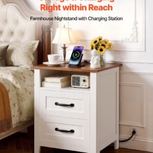 farmhouse nightstand, with charging station, end table with 2 drawers and open shelf, bedside storage cabinet, rustic side table with usb port and ac outlets, for bedroom, living room, white